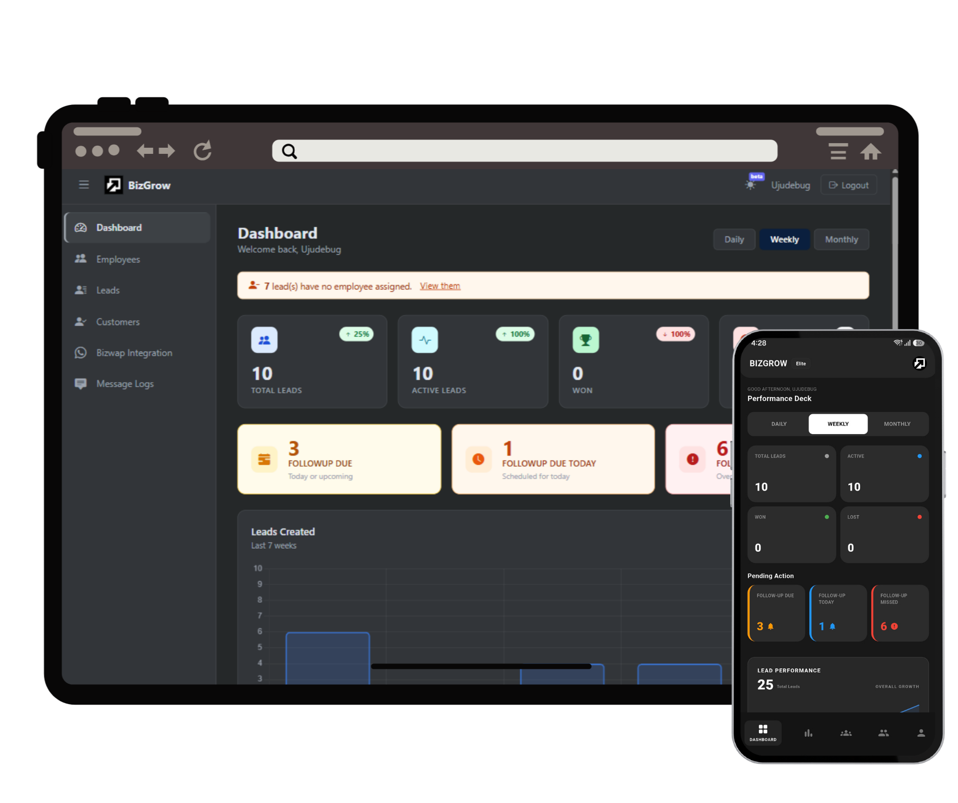 BizGrow dashboard and mobile app