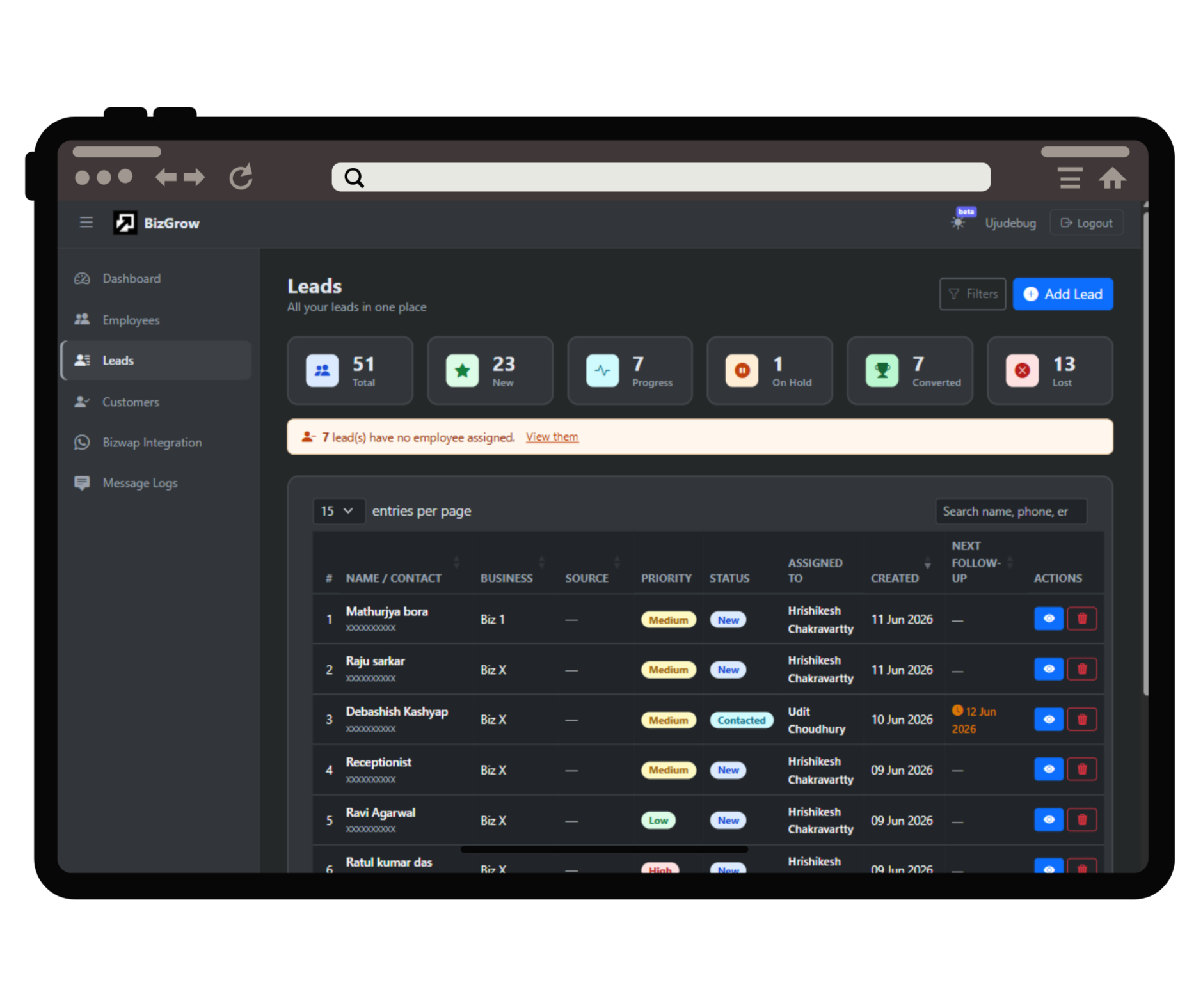 Lead management dashboard