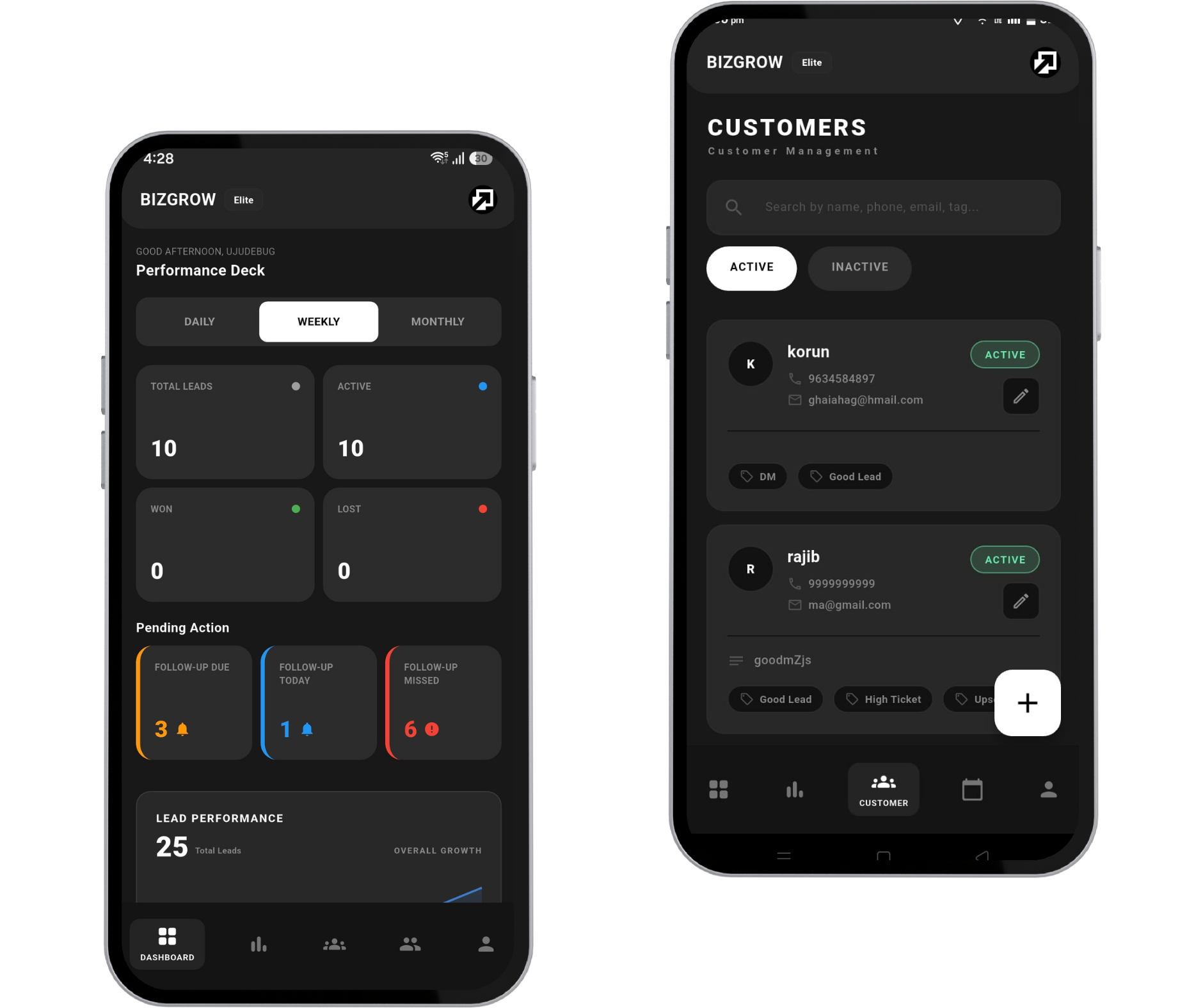 BizGrow mobile app screens